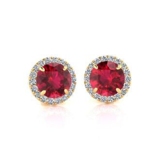 1 1/3 Carat Round Shape Ruby and Halo Diamond Earrings In 14 Karat Yellow Gold