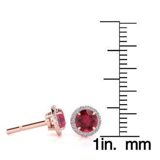 1 1/3 Carat Round Shape Ruby and Halo Diamond Earrings In 14 Karat Rose Gold