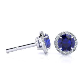 1 1/3 Carat Round Shape Sapphire and Halo Diamond Earrings In 14 Karat White Gold