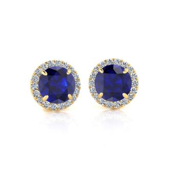 1 1/3 Carat Round Shape Sapphire and Halo Diamond Earrings In 14 Karat Yellow Gold