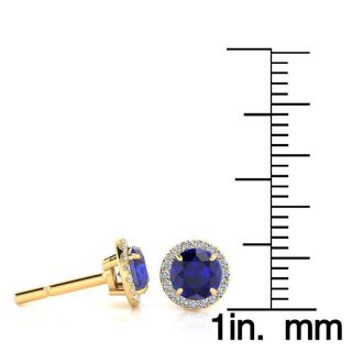 1 1/3 Carat Round Shape Sapphire and Halo Diamond Earrings In 14 Karat Yellow Gold