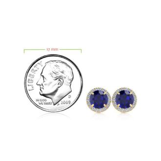 1 1/3 Carat Round Shape Sapphire and Halo Diamond Earrings In 14 Karat Yellow Gold