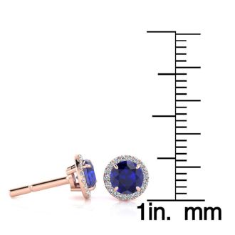 1 1/3 Carat Round Shape Sapphire and Halo Diamond Earrings In 14 Karat Rose Gold