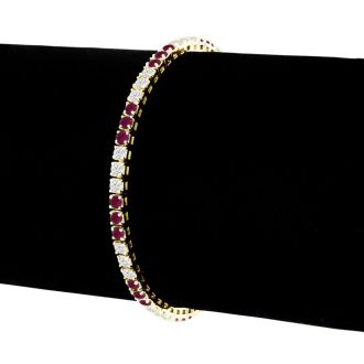 Ruby Bracelet; Ruby Tennis Bracelet; 5 Carat Ruby and Diamond Bracelet In 14 Karat Yellow Gold