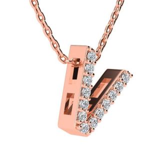 Letter V Diamond Initial Necklace In 14K Rose Gold With 13 Diamonds