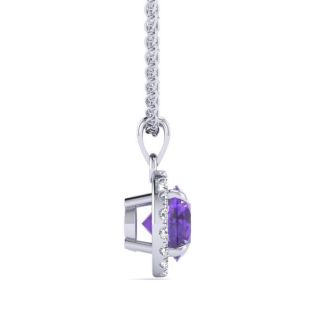 3/4 Carat Round Shape Amethyst and Halo Diamond Necklace In 14 Karat White Gold