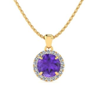 3/4 Carat Round Shape Amethyst and Halo Diamond Necklace In 14 Karat Yellow Gold