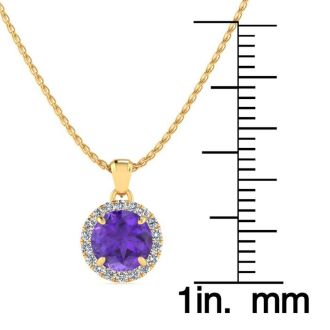 3/4 Carat Round Shape Amethyst and Halo Diamond Necklace In 14 Karat Yellow Gold