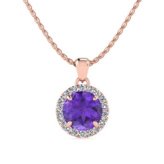 3/4 Carat Round Shape Amethyst and Halo Diamond Necklace In 14 Karat Rose Gold