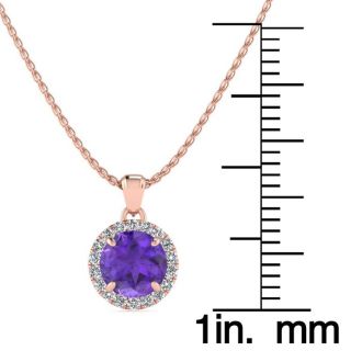 3/4 Carat Round Shape Amethyst and Halo Diamond Necklace In 14 Karat Rose Gold