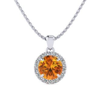 3/4 Carat Round Shape Citrine and Halo Diamond Necklace In 14 Karat White Gold