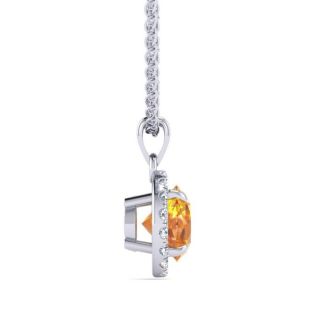 3/4 Carat Round Shape Citrine and Halo Diamond Necklace In 14 Karat White Gold
