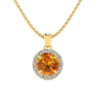 3/4 Carat Round Shape Citrine and Halo Diamond Necklace In 14 Karat Yellow Gold