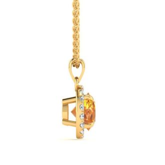 3/4 Carat Round Shape Citrine and Halo Diamond Necklace In 14 Karat Yellow Gold