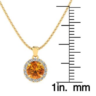 3/4 Carat Round Shape Citrine and Halo Diamond Necklace In 14 Karat Yellow Gold