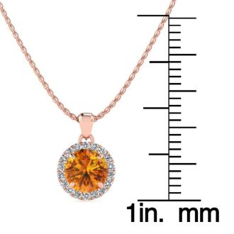 3/4 Carat Round Shape Citrine and Halo Diamond Necklace In 14 Karat Rose Gold