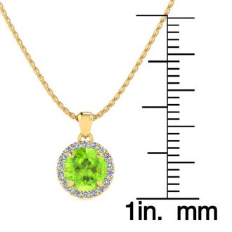 1 Carat Round Shape Peridot and Halo Diamond Necklace In 14 Karat Yellow Gold