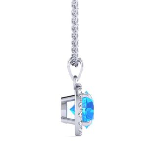 1 Carat Round Shape Blue Topaz and Halo Diamond Necklace In 14 Karat White Gold