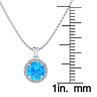 1 Carat Round Shape Blue Topaz and Halo Diamond Necklace In 14 Karat White Gold
