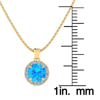 1 Carat Round Shape Blue Topaz and Halo Diamond Necklace In 14 Karat Yellow Gold
