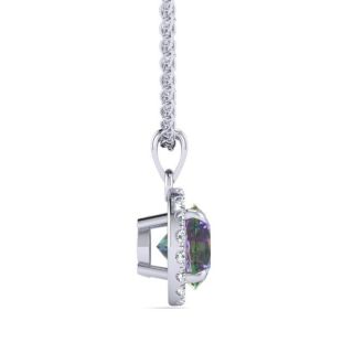 3/4 Carat Round Shape Mystic Topaz Necklace With Diamond Halo In 14 Karat White Gold, 18 Inches