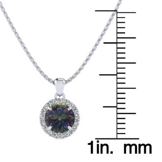 3/4 Carat Round Shape Mystic Topaz Necklace With Diamond Halo In 14 Karat White Gold, 18 Inches