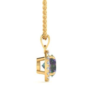 3/4 Carat Round Shape Mystic Topaz Necklace With Diamond Halo In 14 Karat Yellow Gold, 18 Inches