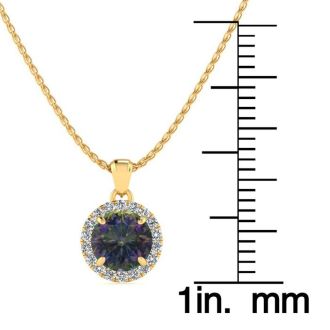 3/4 Carat Round Shape Mystic Topaz Necklace With Diamond Halo In 14 Karat Yellow Gold, 18 Inches