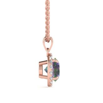 3/4 Carat Round Shape Mystic Topaz Necklace With Diamond Halo In 14 Karat Rose Gold, 18 Inches