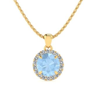 Aquamarine Necklace: Aquamarine Jewelry: 1 Carat Round Shape Aquamarine and Halo Diamond Necklace In 14 Karat Yellow Gold