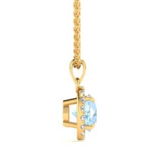Aquamarine Necklace: Aquamarine Jewelry: 1 Carat Round Shape Aquamarine and Halo Diamond Necklace In 14 Karat Yellow Gold