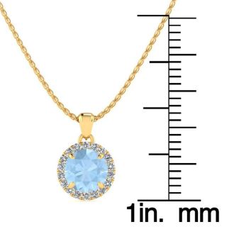 Aquamarine Necklace: Aquamarine Jewelry: 1 Carat Round Shape Aquamarine and Halo Diamond Necklace In 14 Karat Yellow Gold