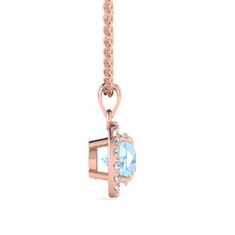 Aquamarine Necklace: Aquamarine Jewelry: 1 Carat Round Shape Aquamarine and Halo Diamond Necklace In 14 Karat Rose Gold
