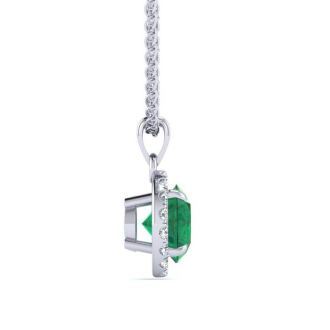 1 Carat Round Shape Emerald Necklaces With Diamond Halo In 14 Karat White Gold, 18 Inch Chain