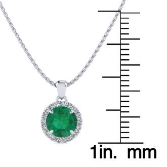 1 Carat Round Shape Emerald Necklaces With Diamond Halo In 14 Karat White Gold, 18 Inch Chain