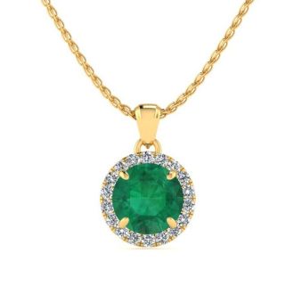 1 Carat Round Shape Emerald Necklaces With Diamond Halo In 14 Karat Yellow Gold, 18 Inch Chain