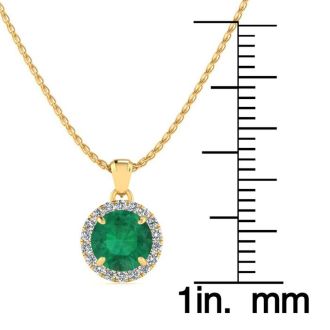 1 Carat Round Shape Emerald Necklaces With Diamond Halo In 14 Karat Yellow Gold, 18 Inch Chain