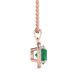 1 Carat Round Shape Emerald Necklaces With Diamond Halo In 14 Karat Rose Gold, 18 Inch Chain