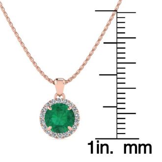 1 Carat Round Shape Emerald Necklaces With Diamond Halo In 14 Karat Rose Gold, 18 Inch Chain