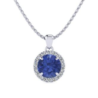 1 Carat Round Shape Tanzanite and Halo Diamond Necklace In 14 Karat White Gold