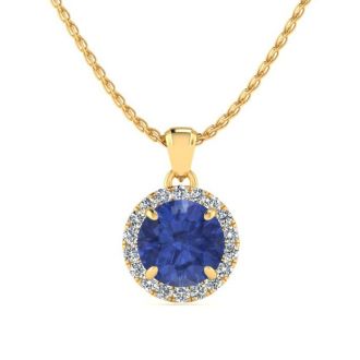 1 Carat Round Shape Tanzanite and Halo Diamond Necklace In 14 Karat Yellow Gold