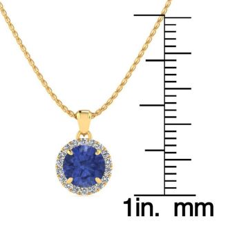 1 Carat Round Shape Tanzanite and Halo Diamond Necklace In 14 Karat Yellow Gold