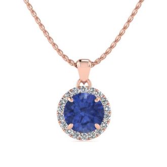 1 Carat Round Shape Tanzanite and Halo Diamond Necklace In 14 Karat Rose Gold