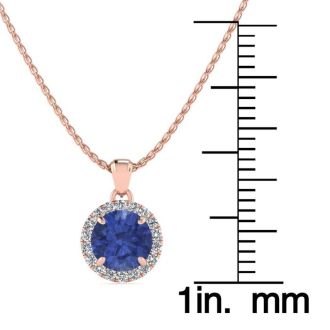 1 Carat Round Shape Tanzanite and Halo Diamond Necklace In 14 Karat Rose Gold