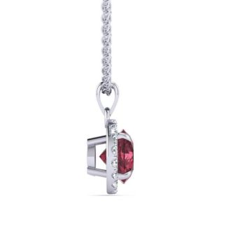 Garnet Necklace: Garnet Jewelry: 1 1/4 Carat Round Shape Garnet and Halo Diamond Necklace In 14 Karat White Gold