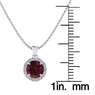 Garnet Necklace: Garnet Jewelry: 1 1/4 Carat Round Shape Garnet and Halo Diamond Necklace In 14 Karat White Gold