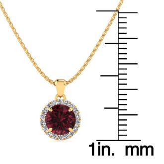 Garnet Necklace: Garnet Jewelry: 1 1/4 Carat Round Shape Garnet and Halo Diamond Necklace In 14 Karat Yellow Gold