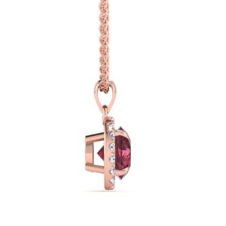 Garnet Necklace: Garnet Jewelry: 1 1/4 Carat Round Shape Garnet and Halo Diamond Necklace In 14 Karat Rose Gold