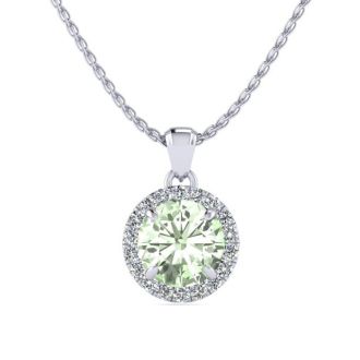 3/4 Carat Round Shape Green Amethyst and Halo Diamond Necklace In 14 Karat White Gold