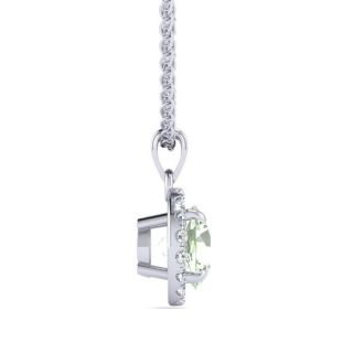 3/4 Carat Round Shape Green Amethyst and Halo Diamond Necklace In 14 Karat White Gold